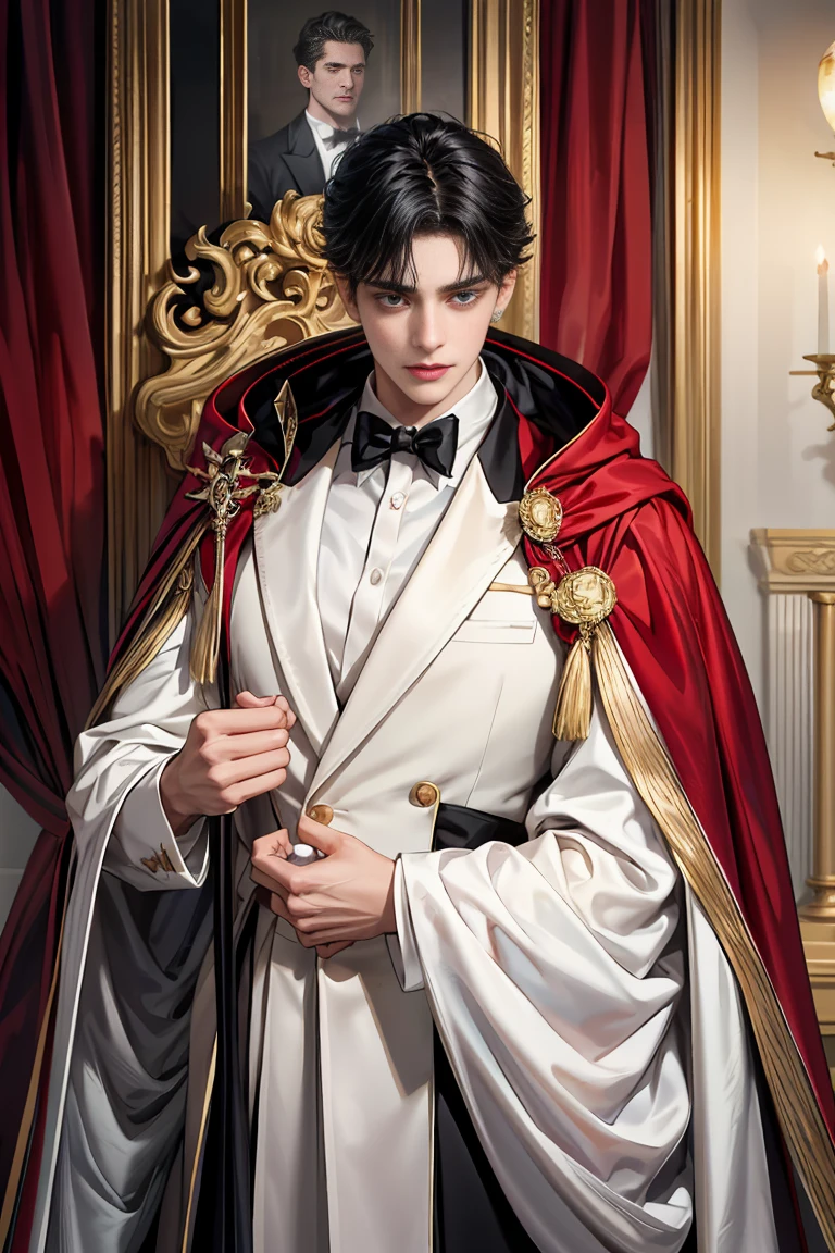 
masterpiece, 最high quality, high quality, 1 boy, alone, male focus, looking at the viewer, whole body, Winning spirit_destiny, messy black hair, blue adorable big eyes, white people, Noble, Noble, Noble的な吸血鬼、An elegant tuxedo,A very large, very tall stand-up collar, a very large, very long, long cape that reaches down to the floor, made of a lot of fabric, red and black., 17 years old,cute beautiful boy,cute cute handsome boy