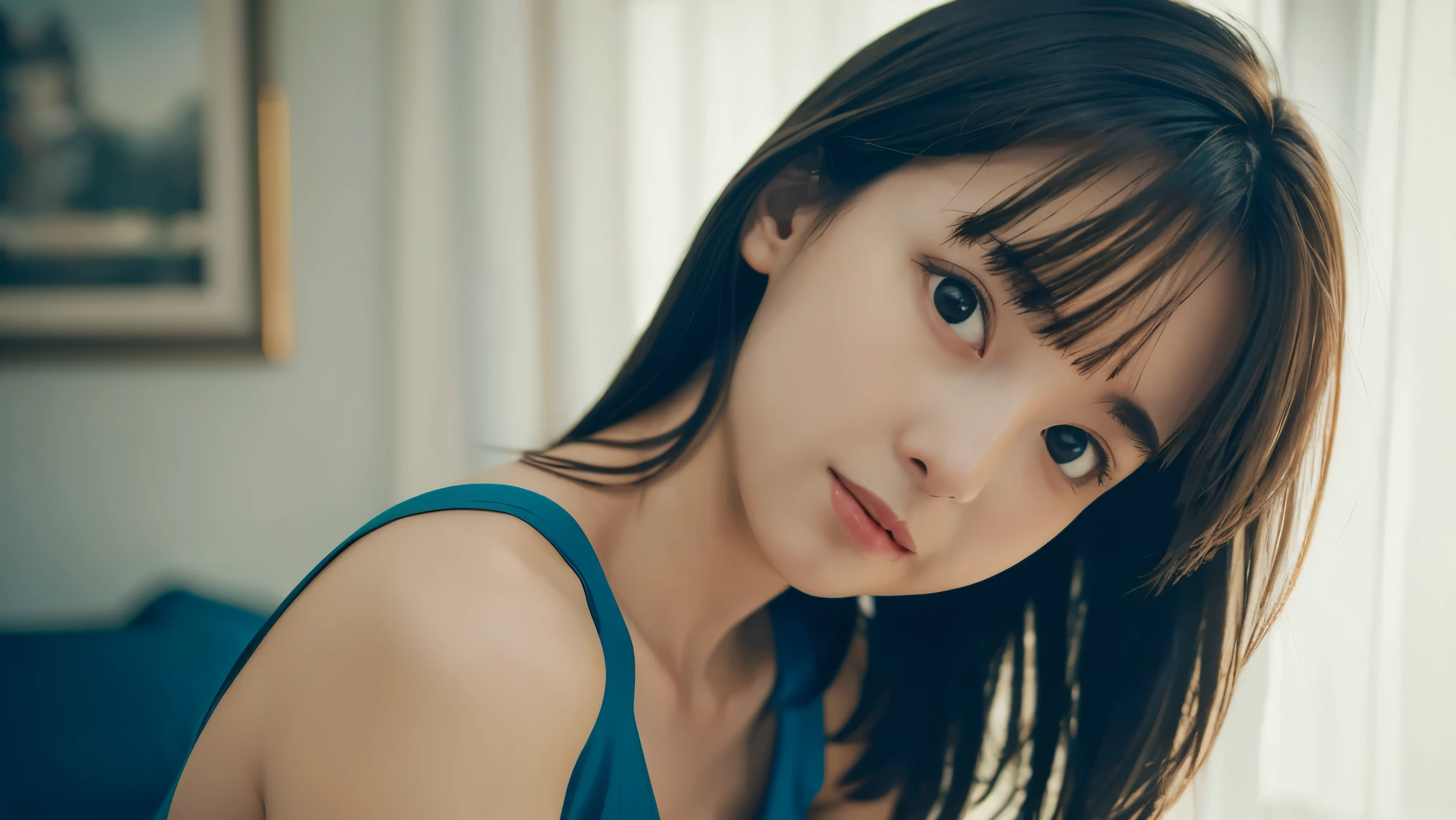 (Masterpiece, highest quality: 1.4), girl, solo, beautiful face, 8k, absurd, upper body, blue camisole, looking at camera, big breasts, no makeup, film grain, chromatic aberration, sharp focus, bright face, sophisticated, (smile : 0.5) ) ), room, indoors, gentle light [:detail face:10]
