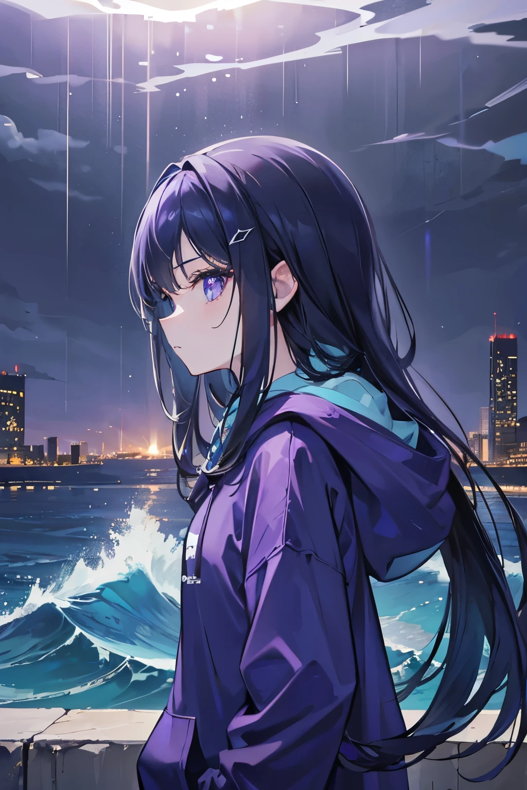 1 girl,(8k-quality),masterpiece,(blueish,purple-ringed eyes),black,long hair,hoodie,watching sea-waves(viewer facing side of profile),city,rain,thunderstrom