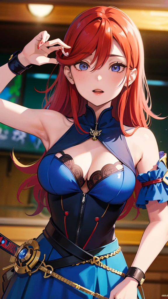 anime girl in a blue dress with red hair and a sword, seductive anime girl, biomechanical oppai, trending on artstation pixiv, marin kitagawa fanart, 8k octae render photo, pixiv 3dcg, 8k high quality detailed art, oppai cyberpunk, detailed digital anime art, beautiful alluring anime woman