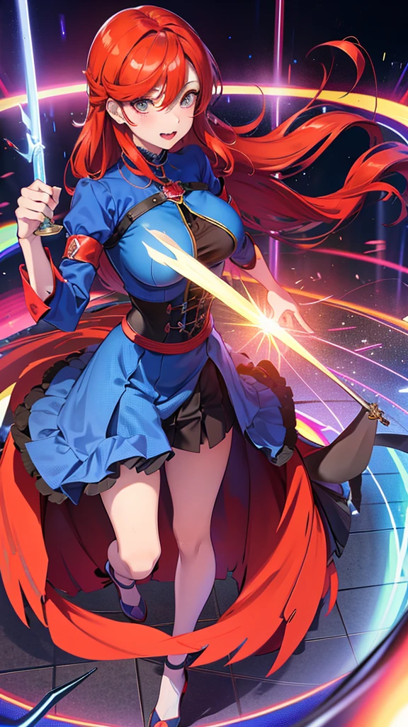 anime girl in a blue dress with red hair and a sword, seductive anime girl, biomechanical oppai, trending on artstation pixiv, marin kitagawa fanart, 8k octae render photo, pixiv 3dcg, 8k high quality detailed art, oppai cyberpunk, detailed digital anime art, beautiful alluring anime woman