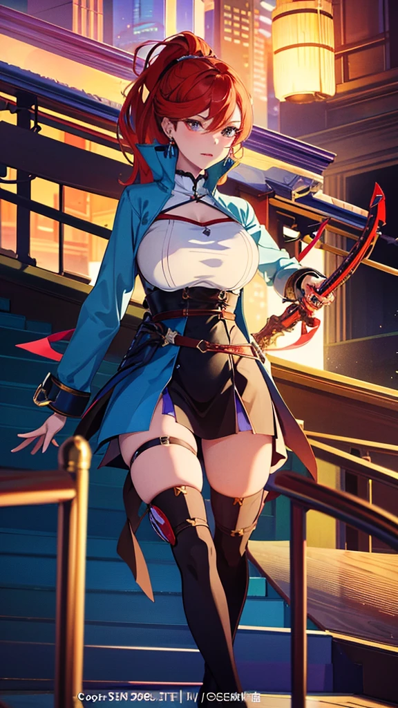 anime girl in a blue dress with red hair and a sword, seductive anime girl, biomechanical oppai, trending on artstation pixiv, marin kitagawa fanart, 8k octae render photo, pixiv 3dcg, 8k high quality detailed art, oppai cyberpunk, detailed digital anime art, beautiful alluring anime woman