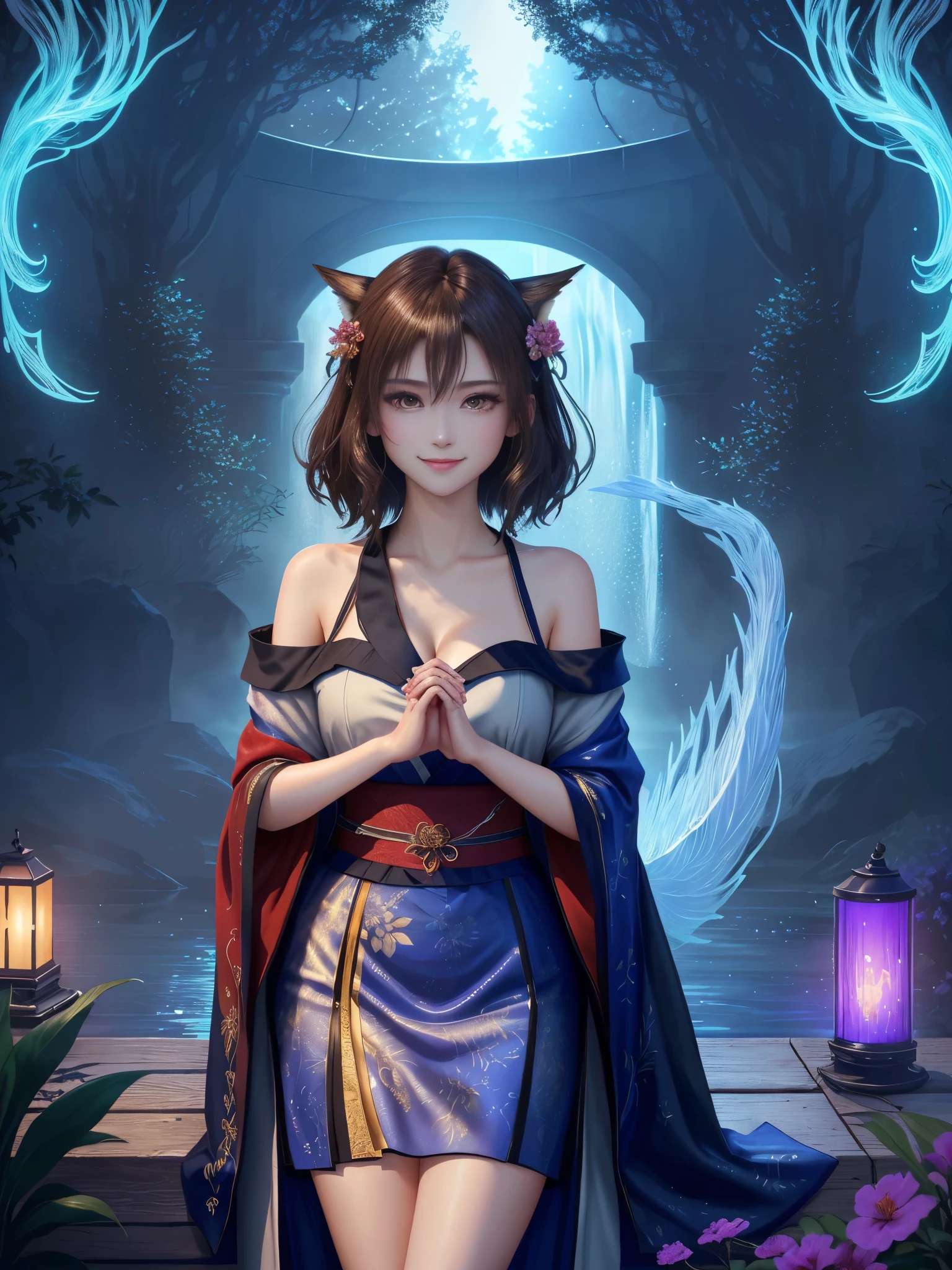 masterpiece , best quality,smile,smile,small face,shoulder exposure,golden kimono,A little cleavage exposure,double eyes,Beauty,beautiful woman,beautiful girl,Big eyes,light brown hair,Mysterious世界,god of water,Mythical God,水色のMysterious雰囲気,Water sources surround the area,水色のMysterious背景,beautifully curled hair,slender body shape,brown eyes,Contrast faithfully reproduced,short hair,Beautiful short hair,Berry Short,short cut hair,just one person,precision quality,A faithful reproduction of the human eye,水色のMysterious雰囲気,水色のMysterious背景,beautiful details, colorful, delicate details, delicate lips, intricate details, genuine, ultrargenuineista, Mature, bright eyes, ,colorful fox, raposa de Beautiful digital art,shrine maiden,hold hands,exquisite digital illustration, mizutsune, Inspired by mythical wild web creatures, pixiv in digital art, shining light, high contrast, Mysterious,