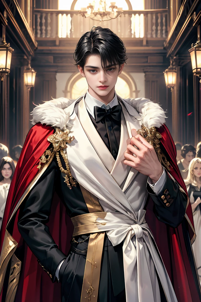 masterpiece, 最high quality, high quality, 1 boy, alone, male focus, looking at the viewer, whole body, Winning spirit_destiny, messy black hair, blue adorable big eyes, white people, Noble, Noble, Noble的な吸血鬼、An elegant tuxedo,A very large, very tall stand-up collar, a very large, very long, long cape that reaches down to the floor, made of a lot of fabric, red and black., 17 years old,cute beautiful boy,cute cute handsome boy