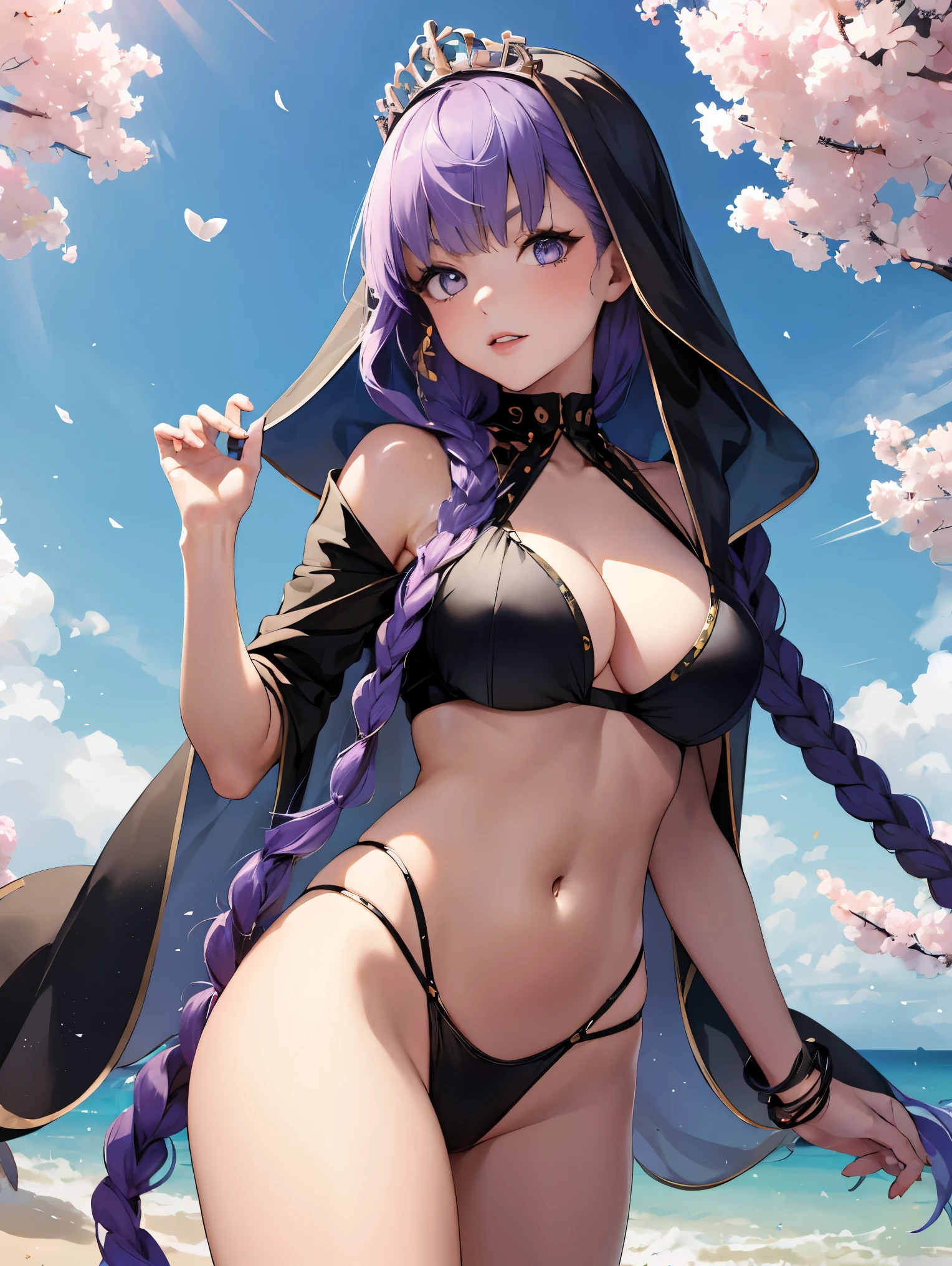 bbdef, hair ribbon,
BREAK (black veil, braid, cleavage, clothing cutout, collarbone, crown, navel, stomach cutout, veil:1.2)
BREAK Girl in the flower garden, Surrounded by blooming cherry blossoms,
BREAK beachside, 
BREAK ((anime girl)), best quality, expressive eyes, perfect face, (masterpiece), best quality, expressive eyes, perfect face, ((best quality)), ((ultra-detailed)), ((an extremely delicate and beautiful)), perfect eyes, perfect body, ((details pupils)), ((detailed pupils)), ((synmetry eyes)), beautiful eyes, ((thick thighs)), shiny skin, soft skin, ((synmetry body)), ((perfect body)), 