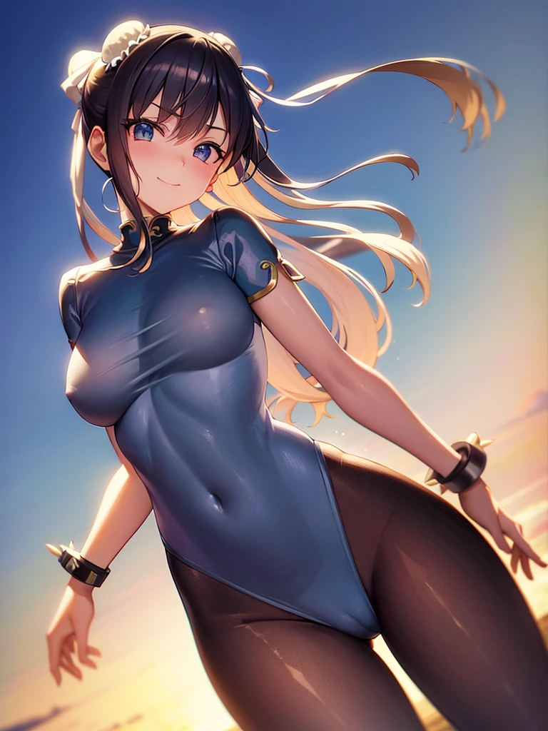 semi nua,roupa azul,solo, low lighting, chun li masterpiece, best quality, agrias, grey sweater, black leotard, standing, looking at viewer, black hair,angry,smile,sunset,lago, reflexo na agua, por do sol