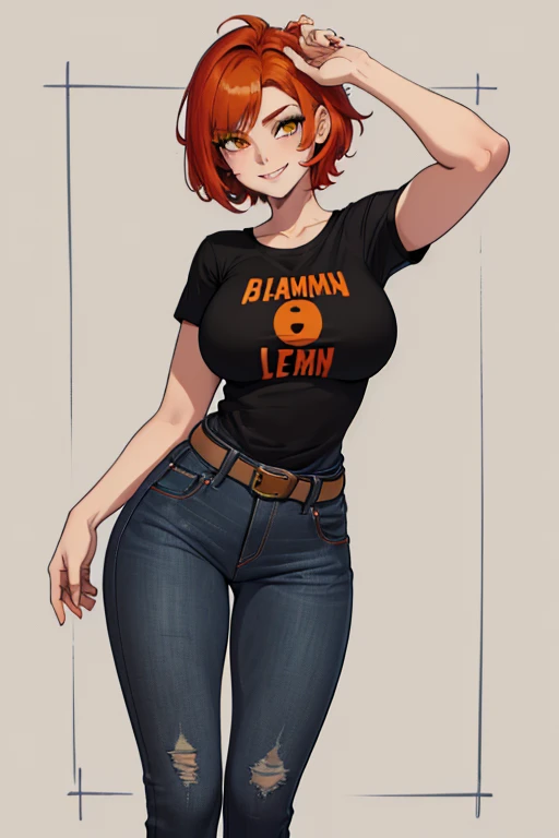 female, red short hair with yellow highlights, orange eyes, (((1girl))), (((black t-shirt))), (grey denim jeans), (black belt), (black flats), cute and sexy, large breasts, large butt, full body, long legs, smiling