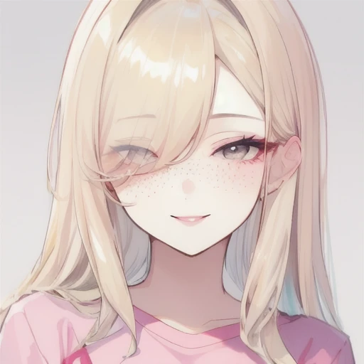 Girl, (hair over one eye), (big hair), blonde, face close-up, light pink shirt, smiling, happy, freckles, gray eyes, pastel colors, beautiful, stunning, sexy, seductive