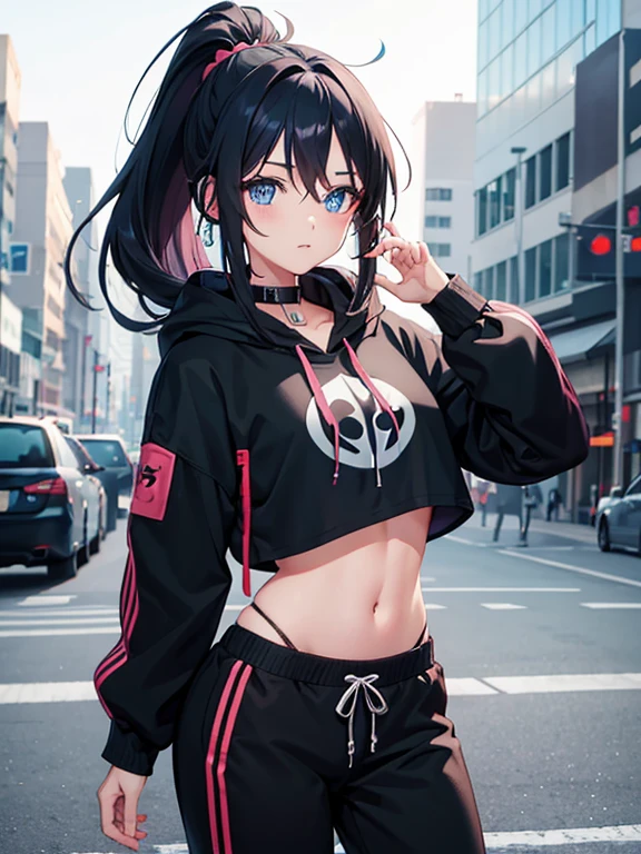 a beautiful cute anime girl,blue eyes,long black hair, ponytail,(high-details),crop top hoodie, black training pants,city(hd-view), headphones,(high-quality),