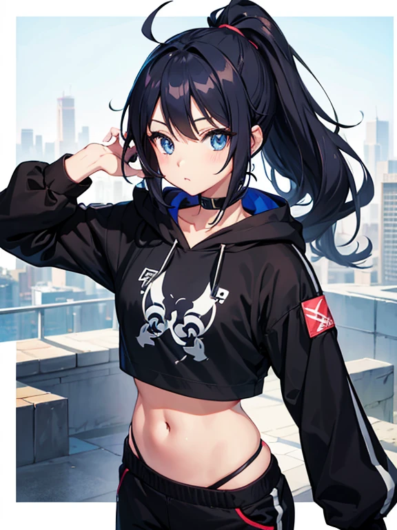 a beautiful cute anime girl,blue eyes,long black hair, ponytail,(high-details),crop top hoodie, black training pants,city(hd-view), headphones,(high-quality),