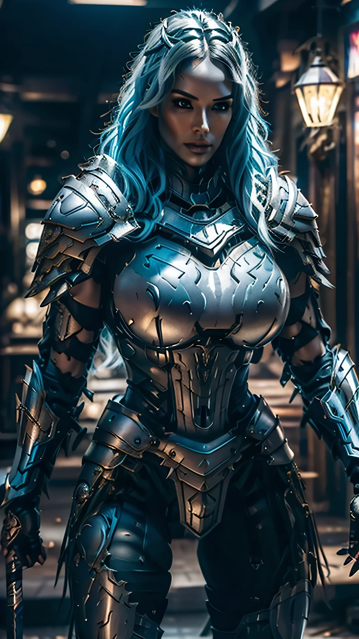 8K,asgard female warrior with very big breasts,Super beautiful(like the real thing),black very large chest armor,realistic skin,luxury black pants,Has a large, long black spear,sexy,muscular slim body,ripped abs,black shoulder armor,black waist armor,black leg armor,desert, rich colors, Backlight, cinematic lighting, film grain, RAW, 50mm lens,nikon D850,ultra high resolution,Super realistic,goddess,battle scene,action scene,action pose,shine a light on the face, long wavy blue hair, the Witcher, the Witcher armor, yennefer, big hips, tights