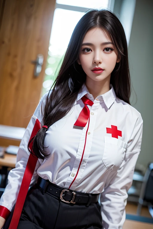 (best quality,realistic:1.37),vivid colors,professional,portrait,indoor,soft lighting,wearing a white nurse's uniform with red cross emblem,long black hair,smoky eyes,full red lips,beautiful detailed eyes,detail description of the face,highres,physically-based rendering,sexy pose,confident expression,decorated medical equipment in the background,subtle bokeh,masterpiece:1.2