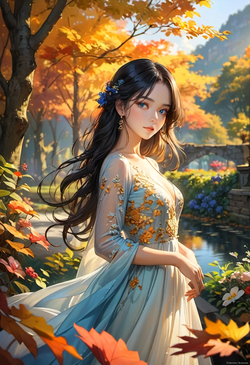 (highest quality:1.2),Super detailed,realistic,Portrait,landscape,Beautiful girl in the garden,soft lighting,exquisite details,colorful flowers,golden sunlight,elegant pose,delicate features,flowing dress,calm expression,long flowing black hair,Beautiful blue eyes,mysterious atmosphere,autumn colors,subtle shadow,blurred background,fine texture,Artistic brushwork,intense gaze,mysterious beauty,natural environment,Visual Storytelling,dreamy quality,peaceful atmosphere,natural pose,warm shades,play of light and shadow,Airy atmosphere,Natural light,immersive experience,harmonious composition,Dynamic energy,beauty of nature,Elegance and elegance,Nuances