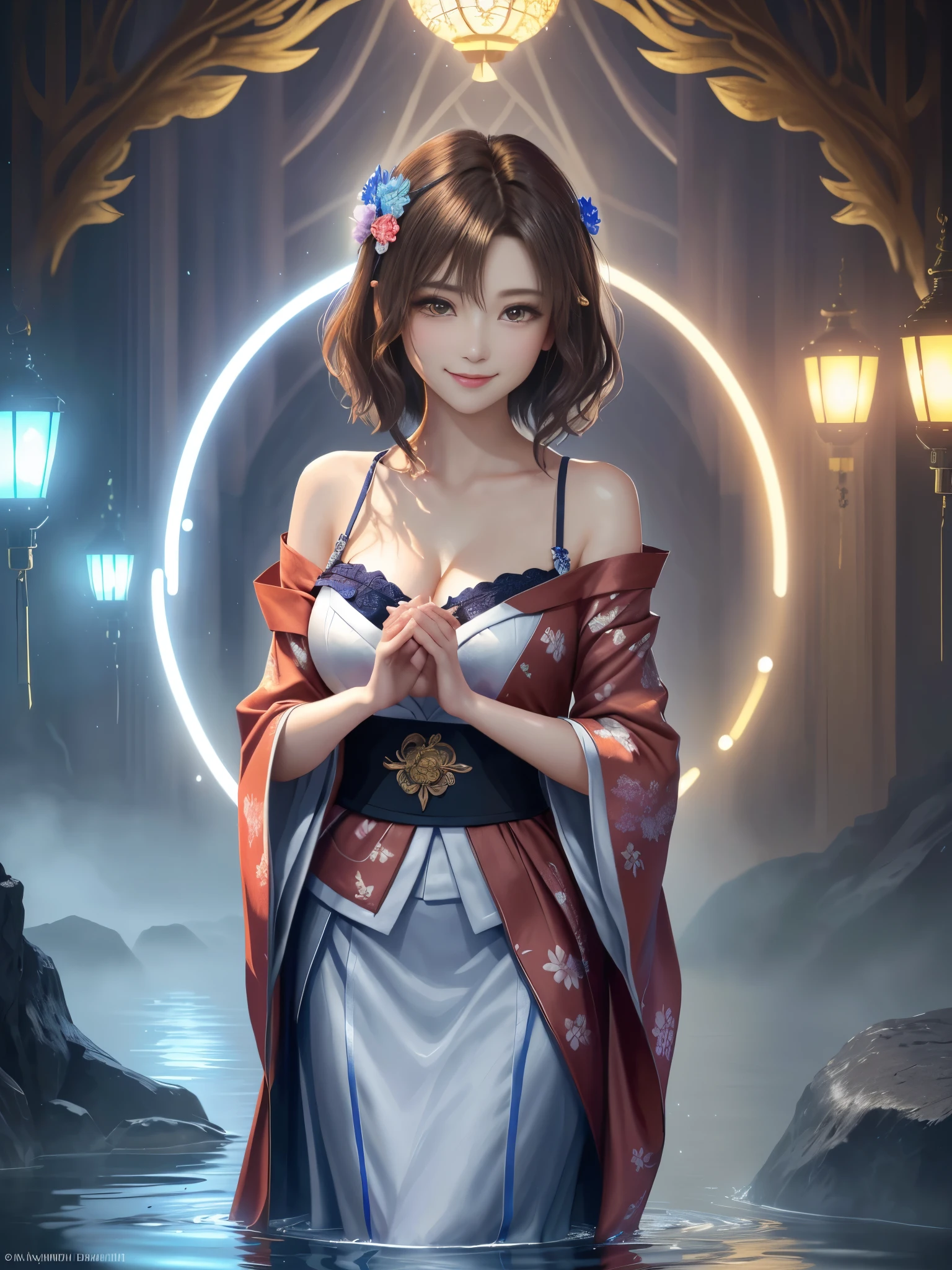 masterpiece , best quality,smile,smile,small face,shoulder exposure,golden kimono,A little cleavage exposure,double eyes,Beauty,beautiful woman,beautiful girl,Big eyes,light brown hair,Mysterious世界,god of water,Mythical God,水色のMysterious雰囲気,Water sources surround the area,水色のMysterious背景,beautifully curled hair,slender body shape,brown eyes,Contrast faithfully reproduced,short hair,Beautiful short hair,Berry Short,short cut hair,just one person,precision quality,A faithful reproduction of the human eye,水色のMysterious雰囲気,水色のMysterious背景,beautiful details, colorful, delicate details, delicate lips, intricate details, genuine, ultrargenuineista, Mature, bright eyes, ,colorful fox, raposa de Beautiful digital art,shrine maiden,hold hands,exquisite digital illustration, mizutsune, Inspired by mythical wild web creatures, pixiv in digital art, shining light, high contrast, Mysterious,