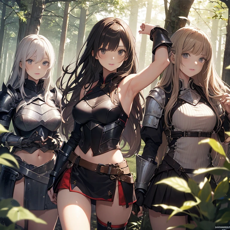 A group of female knight, (in forest), various hair styles, harem, wearing armored clothes, metal armor, night, details face, , short skirt, seducing, sword, showing armpits, sleeveless, midriff