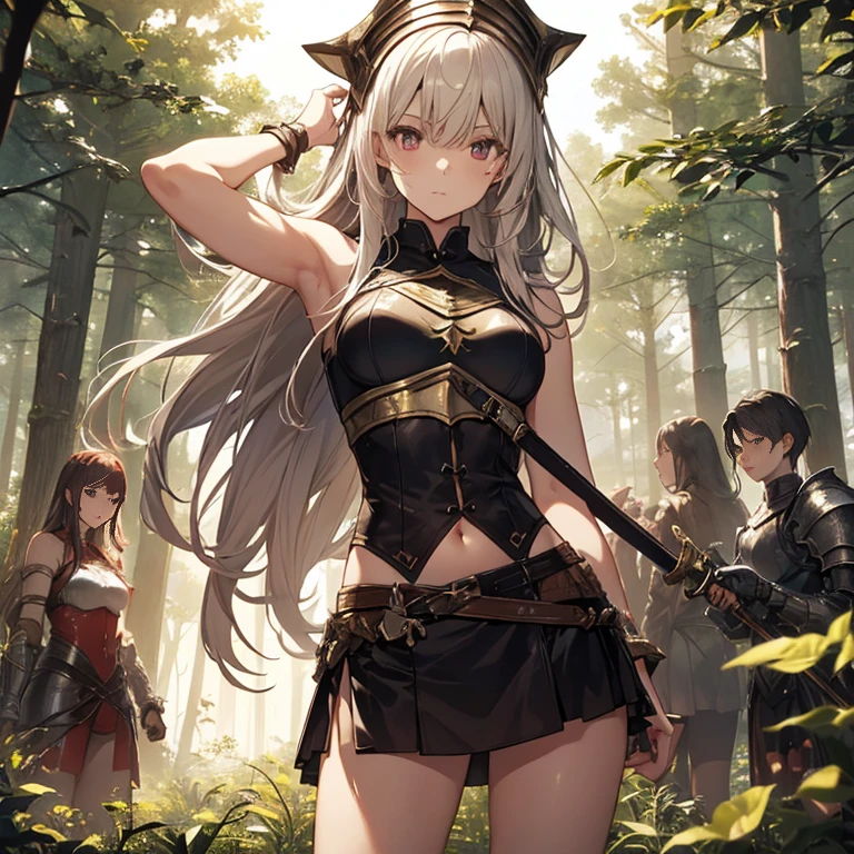 A group of young female knight, (in forest), various hair styles, harem, wearing armored clothes, metal armor, night, details face, , short skirt, seducing, sword, sleeveless , showing armpits, midriff 