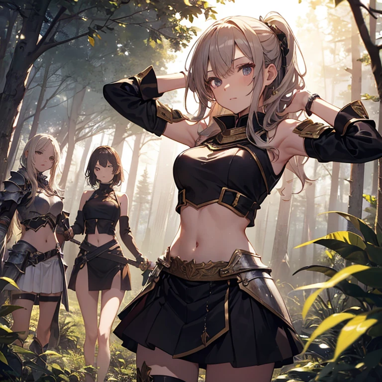 A group of young female knight, (in forest), various hair styles, harem, wearing armored clothes, metal armor, night, details face, , short skirt, seducing, sword, sleeveless , showing armpits, midriff