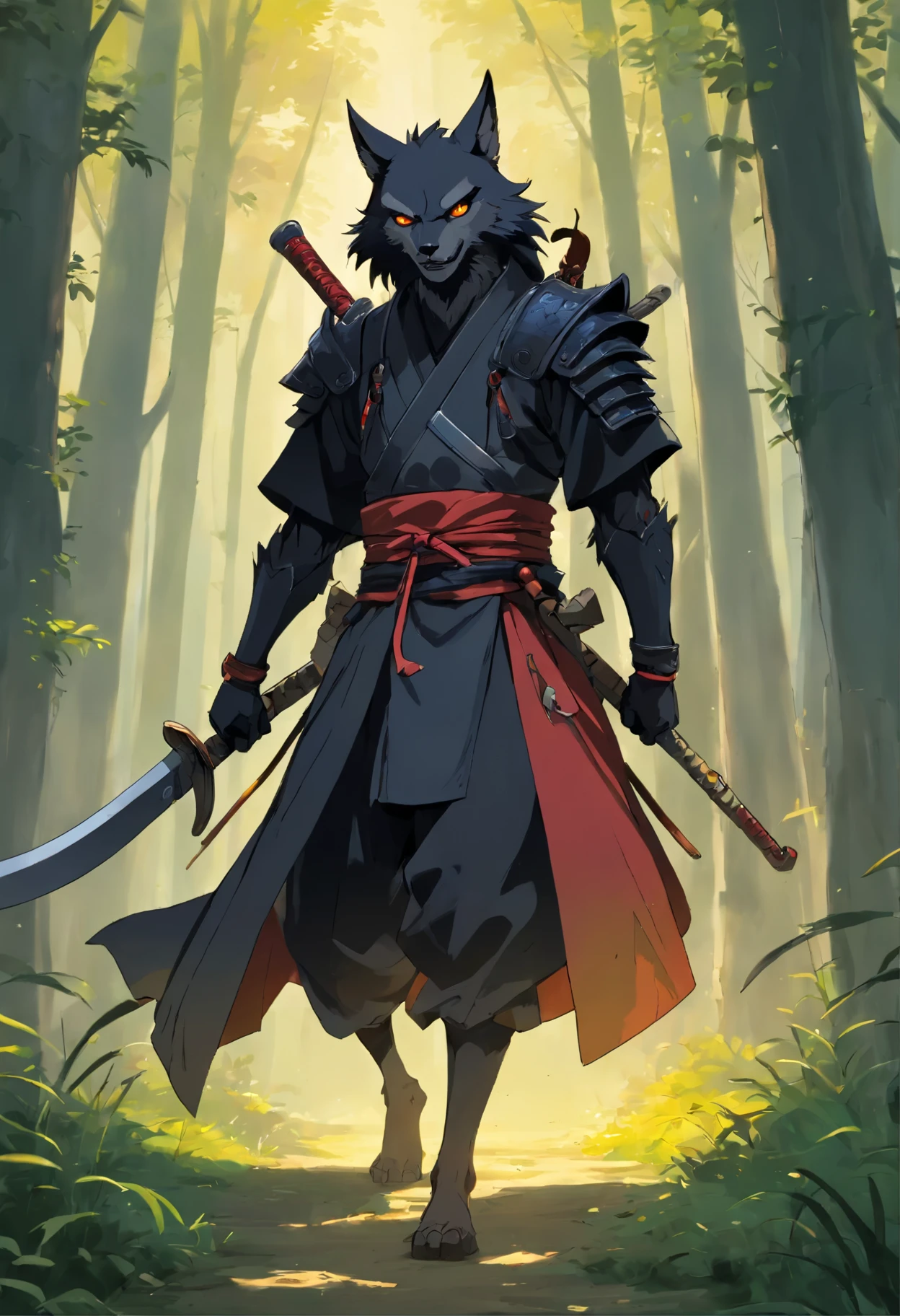 Slender, full-body samurai lycanthrope with black armor and scythe