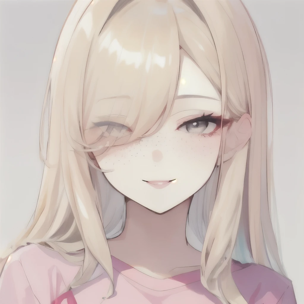 Girl, (hair over one eye), (big hair), blonde, face close-up, light pink shirt, smiling, happy, freckles, gray eyes, pastel colors, beautiful, stunning, sexy, seductive