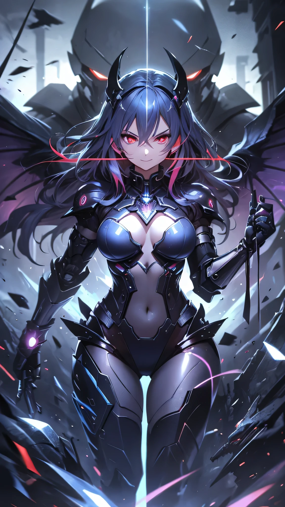 最high quality、best image quality、masterpiece、android girl((18-year-old、 By becoming、vest bust、medium bust,wide open breast tea、red glowing eyes, water hair、messy hair、long hair、thin,highest valley、Blue robot body、Shiny red body、Close ~ eyes、attack、Show the whole body、robot arm、robot feet、villain、evil smile、bad smile、laugh loudly、villain pose、Black robot wings,sharp nails、prick々New body parts、With a big sword、floating in the air、Robot Tail、turn around、emphasize the buttocks、shoot a beam)),high quality、beautiful art、background((cyber world))、Flight、debris flies、Depth of written boundary、movie、visual art、perfect art、8K,genuine、