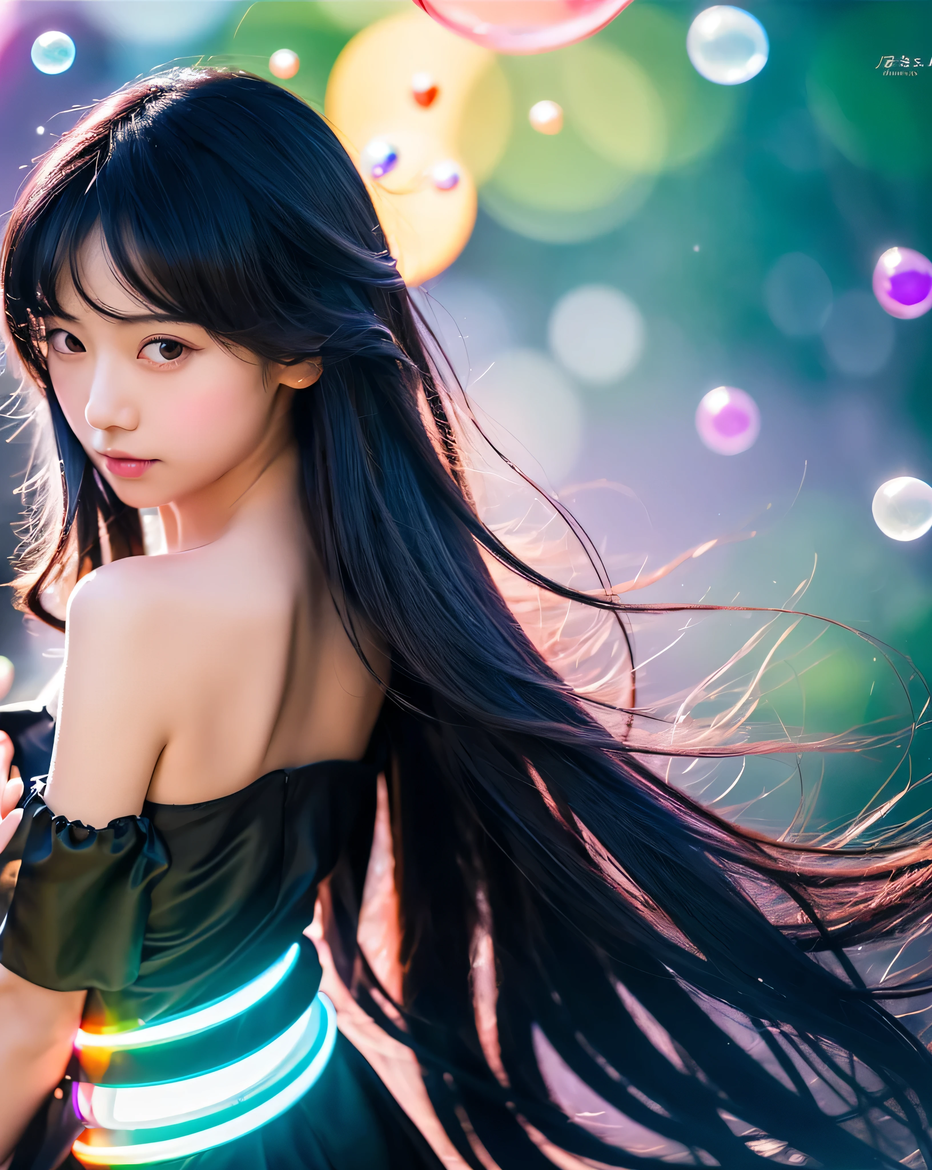 (highest quality, 32k, High resolution, masterpiece:1.5,), Haunting fantasy portrait in abstract style, ((A swirl of fantastic, chic colors and soft light.)), Evoking a soothing tranquility and elusive beauty, Award-winning masterpiece with amazing details, black background, beautiful japanese woman, perfect human anatomy, High resolutionの美しい太もも, big magic eyes, fleeting smile, ((glossy black hair)), Beautifully trimmed straight hair, Silky long hair, Beautiful asymmetrical bangs, hair between eyes, smooth and soft skin, thin eyebrows, Clear double eyelids, pale pink lips, ((Black silk dress, off shoulder, The absolute realm of miniskirts)), High resolutionの完璧な鎖骨, High resolutionの美しい胸元, Slender body with plump breasts, ((Colorful glowing bubbles effect:1.4)), gentle sunlight, professional lighting, professional photographer, professional model,Mysterious