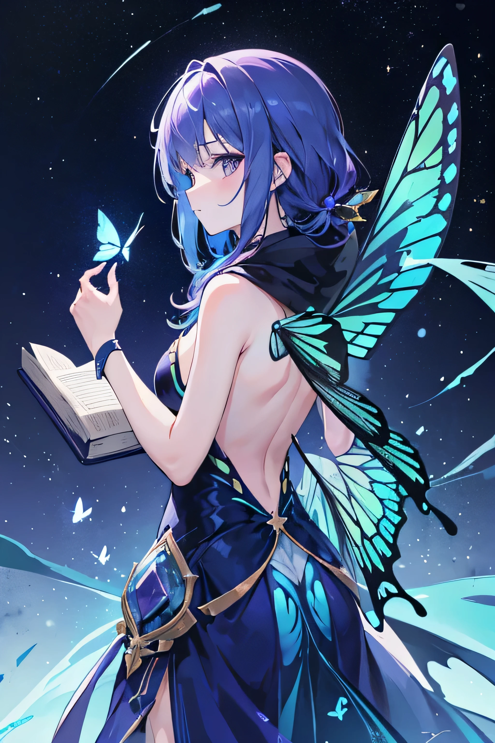 1 girl,(8k quality),(blue-coloured left eye),(purple coloured right-eye),hooded,golden,blueish,water,(transparent butterfly,wings only on back),holding,(magic book), profile gazing into the dark,blue,aurora lights),viewer facing, back of profile,