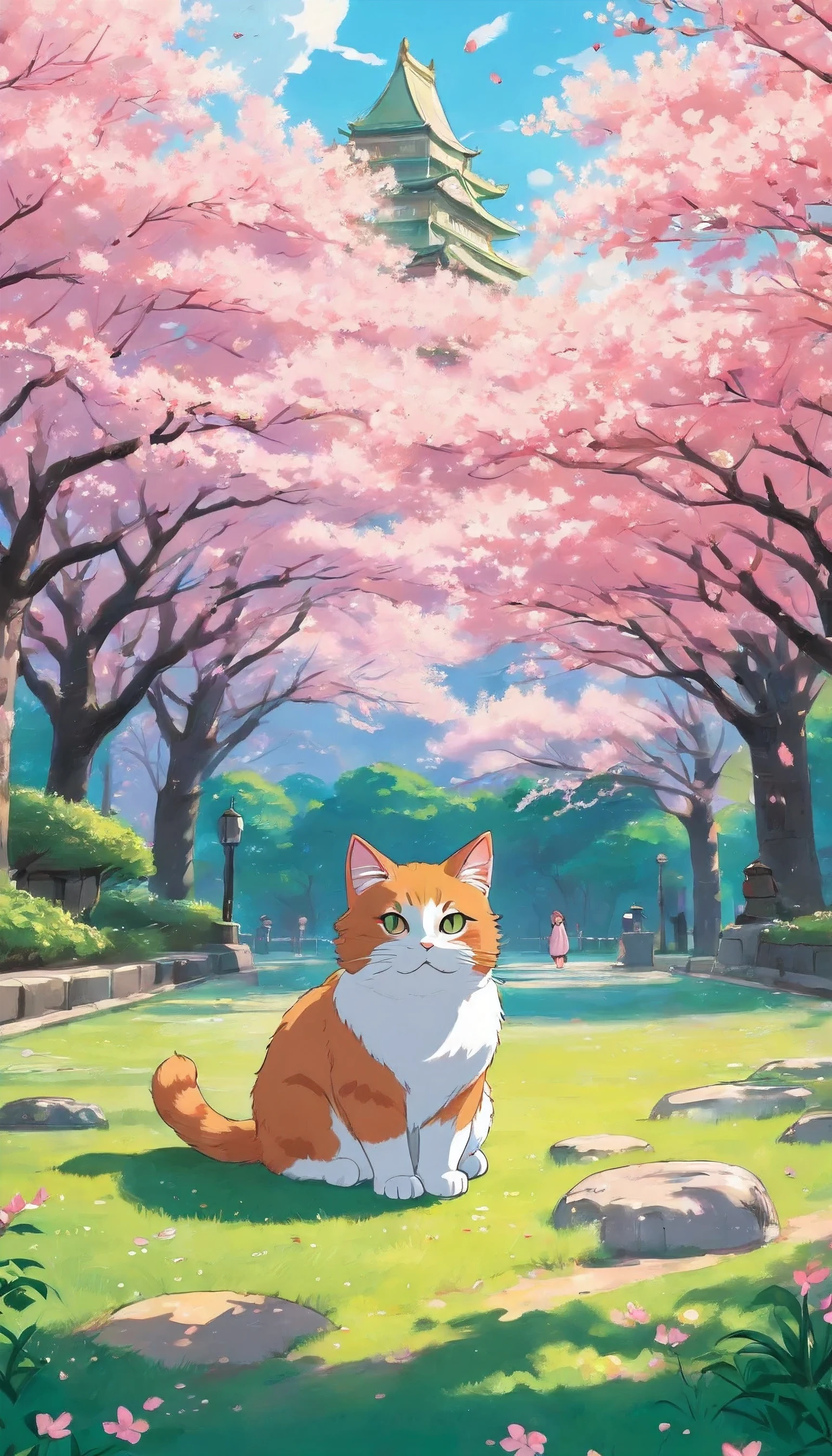 Cat sitting in park, cherry blossom