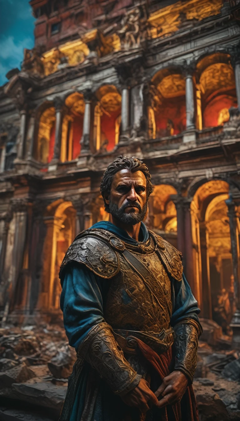 Odoacer in triumphant pose with the defeated Emperor Romulus Augustus, crumbling architecture in the background, dramatic lighting, rich colors, detailed textures, background dark, hyper realistic, ultra detailed hyper realistic, photorealistic, Studio Lighting, reflections, dynamic pose, Cinematic, Color Grading, Photography, Shot on 50mm lens, Ultra-Wide Angle, Depth of Field, hyper-detailed, beautifully color, 8k