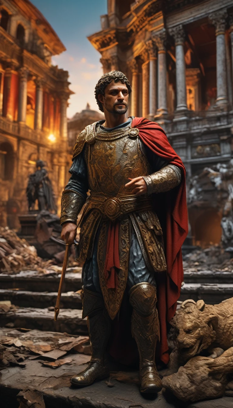 Odoacer in triumphant pose with the defeated Emperor Romulus Augustus, crumbling architecture in the background, dramatic lighting, rich colors, detailed textures, background dark, hyper realistic, ultra detailed hyper realistic, photorealistic, Studio Lighting, reflections, dynamic pose, Cinematic, Color Grading, Photography, Shot on 50mm lens, Ultra-Wide Angle, Depth of Field, hyper-detailed, beautifully color, 8k