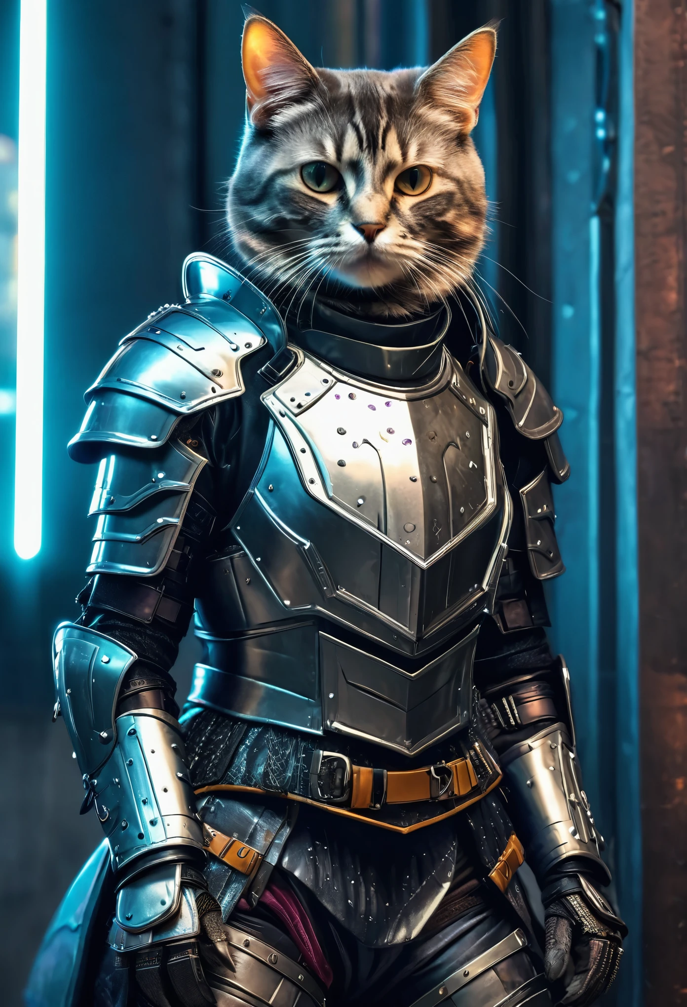 Dressed animals page, captivating and intriguing image of a cat dressed in cyberpunk styled knight armor, futuristic armor 