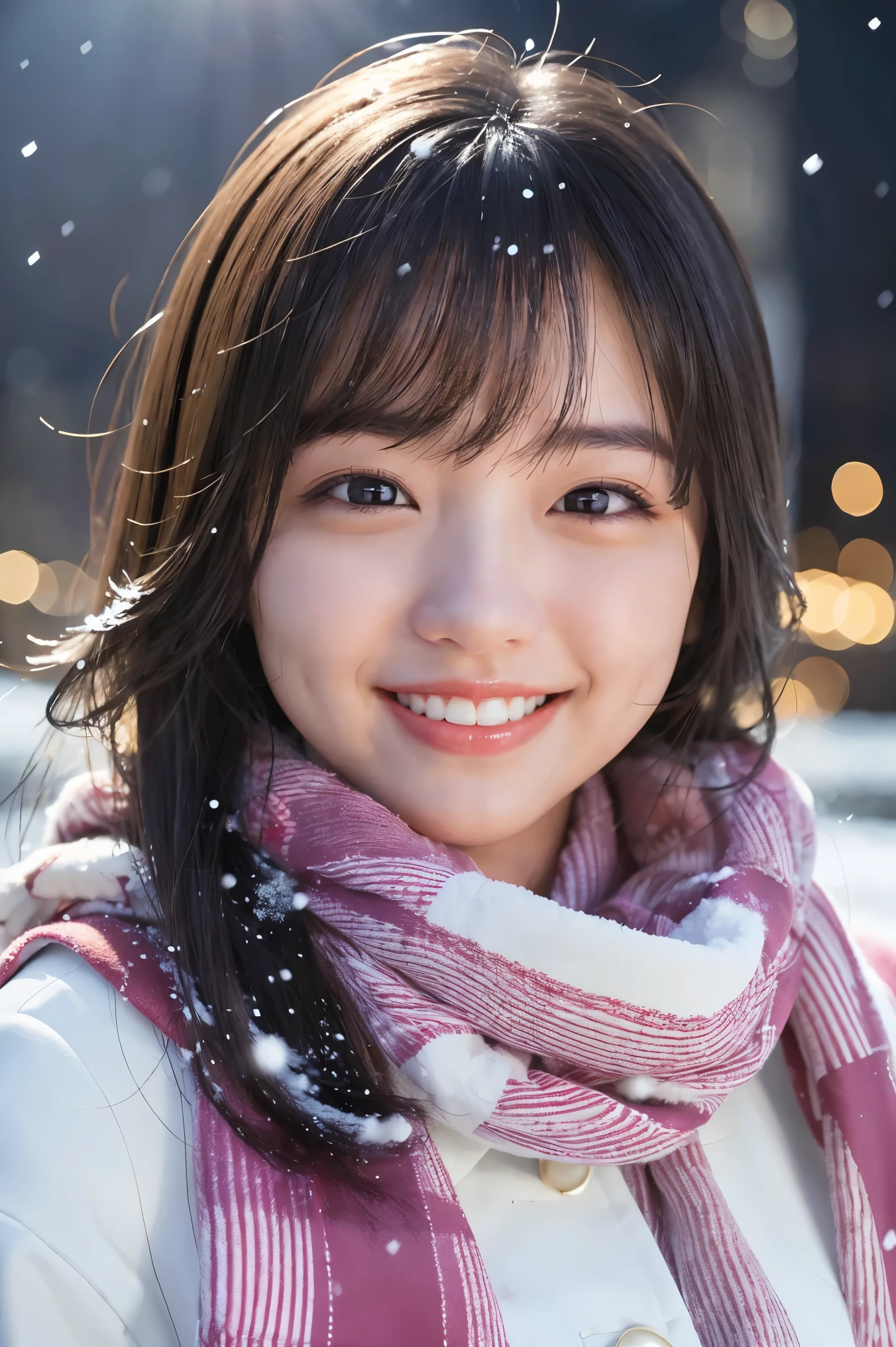 (highest quality、masterpiece、8K、best image quality、hyper realism、Award-winning work)、1 girl、(Classy coat:1.1)、(perfect pink scarf:1.1)、Soft and delicate light、dramatic lighting、Romantic snowy night city、Romantic Christmas illuminations、Beautiful night view of a snowy city、the best smile looking at me、Fine sparkling snow、Beautiful snow reflecting light、Diamond dust、(Tyndall effect:1.1)、beautiful snow scene、(It&#39;s snowing:1.1)、(Snow in your hair:1.1)、accurate anatomy、(close up of face:1.1)、Beautiful glossy lipstick, natural color、natural makeup、glossy lips、Ultra high definition glossy skin、ultra high definition radiation, beautiful skin、Milky white moisturized skin、Beautiful glowing skin、超高精細のglossy lips、Super high-definition sparkling eyes、Beautiful perfect teeth in super high resolution、Show your beautiful teeth and smile big
