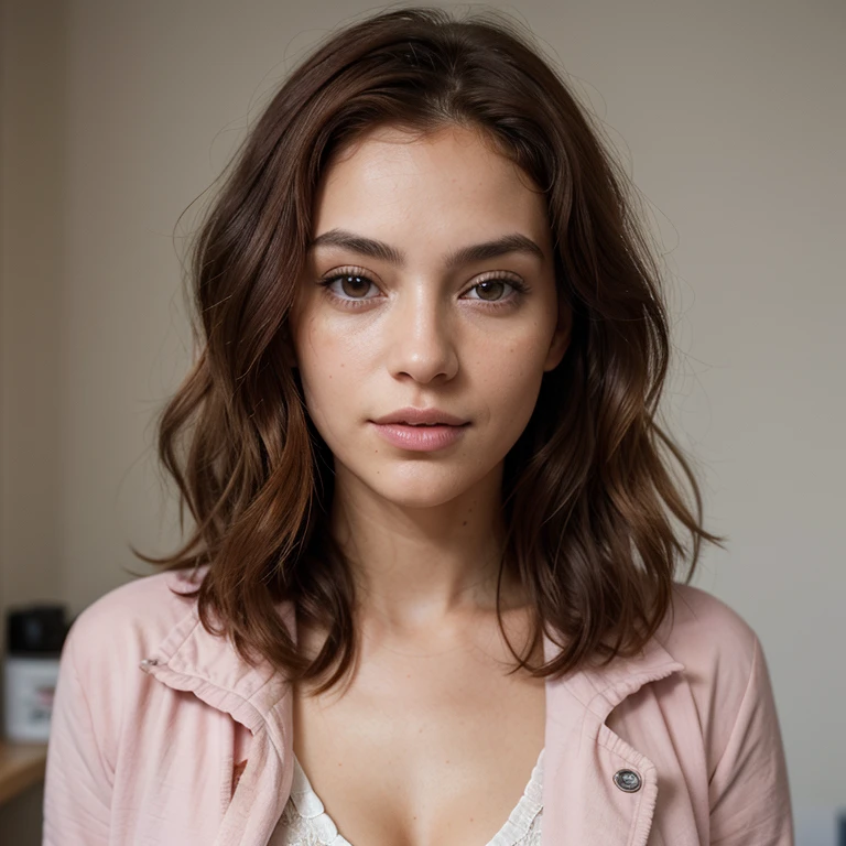Image of a 35-year-old woman with red hair and long, wavy, and slightly messy curls. She is depicted in a veterinary clinic, wearing a pink jacket. The woman, named Mariana, has a realistic and very beautiful appearance, emphasized by her bright, clear eyes and a slender, refined jawline. The photograph is highly detailed, showcasing the intricacies of her skin texture and the softness of her hair. The depth of field is shallow, keeping Mariana in crisp focus while gently blurring the background. This masterpiece of a picture conveys a sense of naturalness and authenticity, compelling the viewer to appreciate its lifelike details. (