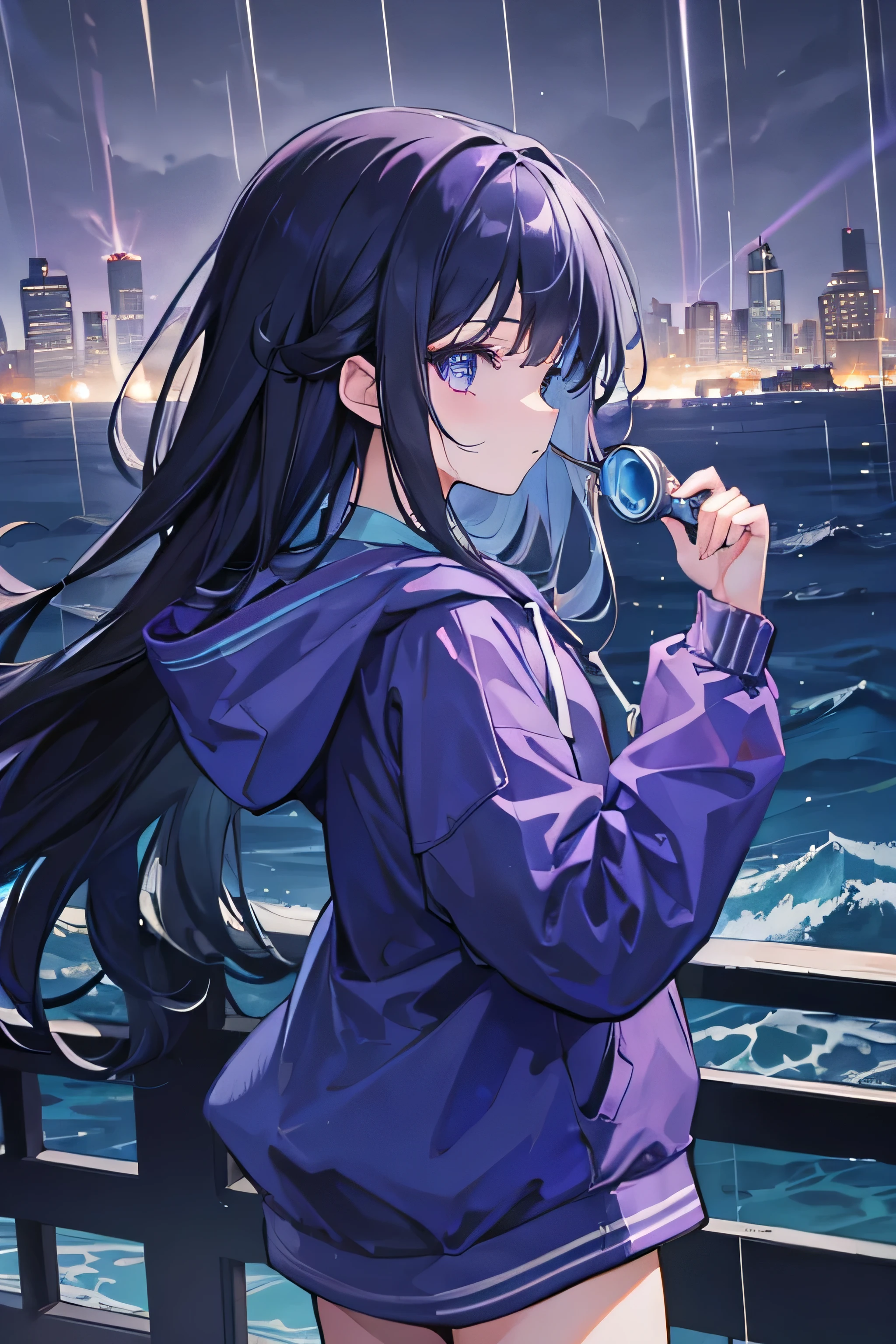 1 girl,(8k-quality),masterpiece,(blueish,purple-ringed eyes),black,long hair,hoodie,watching sea-waves(viewer facing side of profile),city,rain,thunderstrom