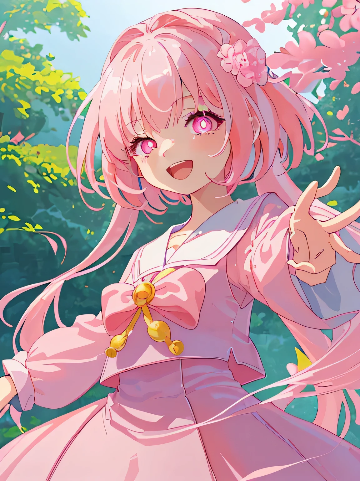 (highest quality, detailed background, High resolution, shiny 髪,White and light pink hair,bright pupils), 1 girl,long 髪, designer dresses, wide shot、Upper body, looking here、Wearing a pink sailor suit、cute、anime style girl、laughing