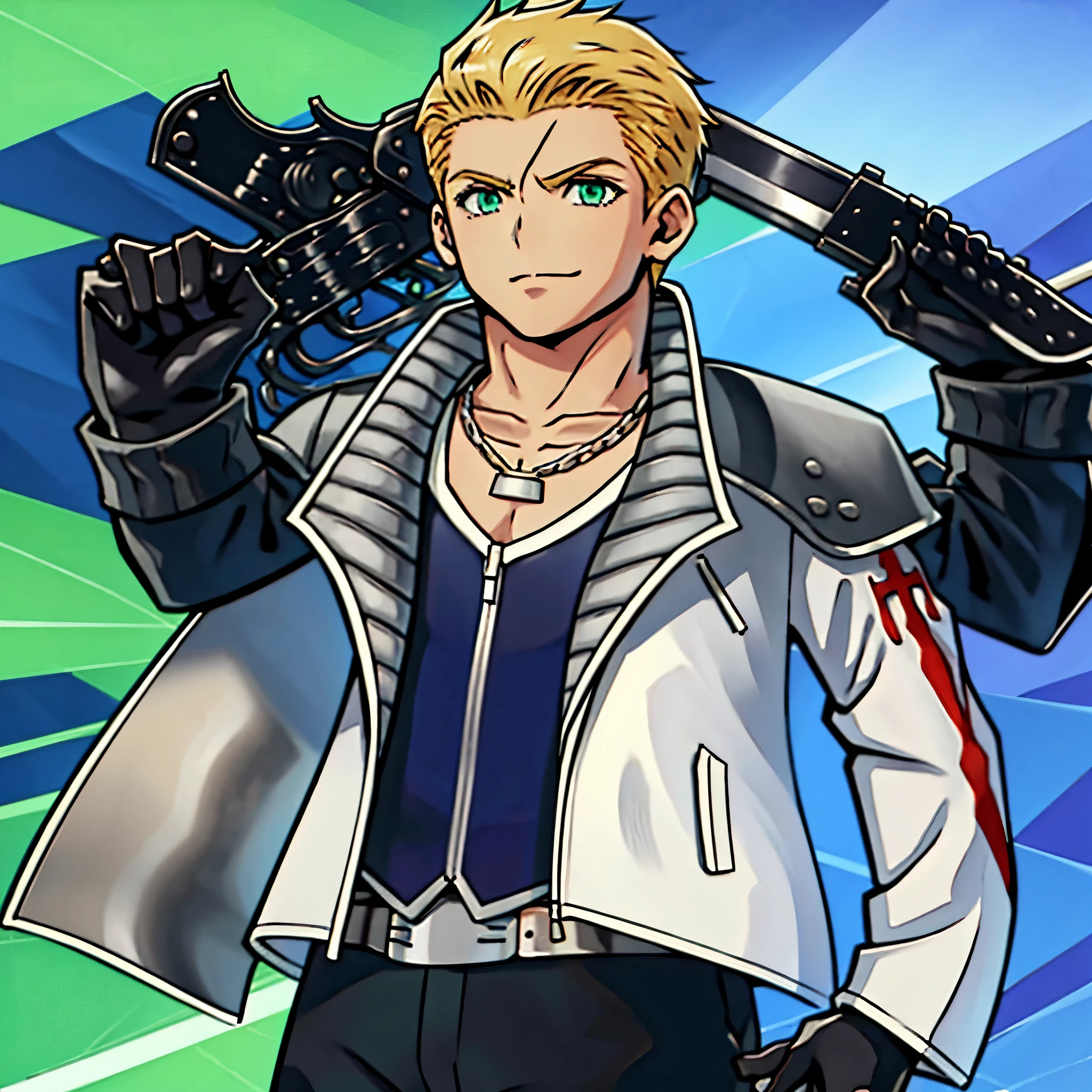 (masterpiece, best quality:1.2,simple background,white background,anime style),1boy,solo,seifer \(final fantasy8\),black gloves,blonde hair,green eyes,jacket,long sleeves,looking at viewer,necklace,shirt,smile