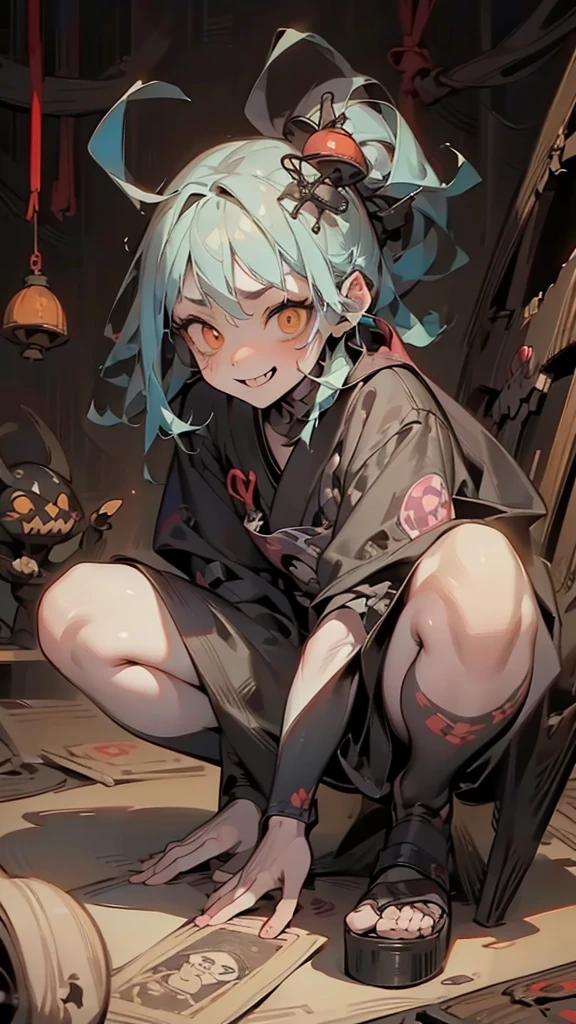 ((Hardcore Punk Girl))、((British punk rock girl)), ((circus)), ((squat with legs apart)), scribble, nightmare, doll-like face, cartoon style, rough sketch, Horror elements, (masterpiece), (High resolution), (super delicate), (clear), Comic book style illustrations, (drawing style), (Horror elements), Japanese painting, full body, ghost, angle, (snap shot), bugaboo, that'terrible, (Spooky), Japanese carving, primitive art, circus, crazy illustration, flat illustration, Blissful smile, Spookyな外観, Distinctive messy hairstyle, creative accessories, Unique atmosphere、(pastel)、