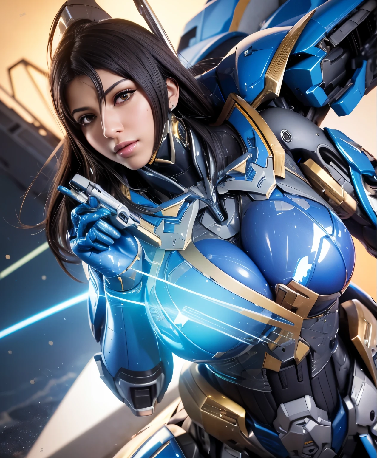 Super detailed, advanced details, high quality, 最high quality, High resolution, 1080p, hard disk,(pharah),(fareeha・amari),beautiful cyborg woman,Mecha cyborg girl,battle mode,Mecha body girl,She wears a futuristic mech