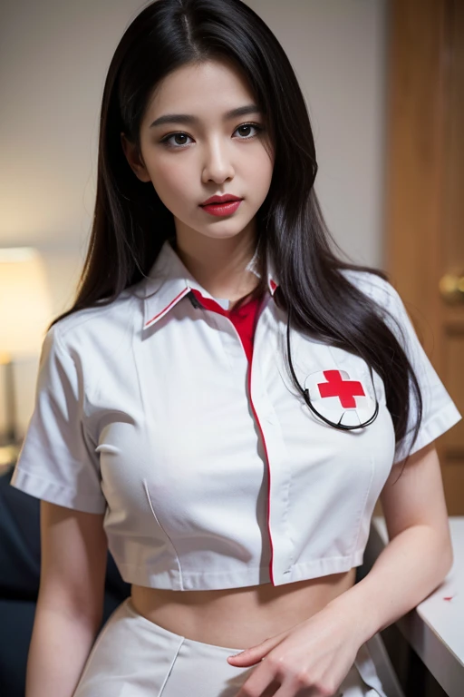 (best quality,realistic:1.37),vivid colors,professional,portrait,indoor,soft lighting,wearing a white nurse's uniform with red cross emblem,long black hair,smoky eyes,full red lips,beautiful detailed eyes,detail description of the face,highres,physically-based rendering,sexy pose,confident expression,decorated medical equipment in the background,subtle bokeh,masterpiece:1.2