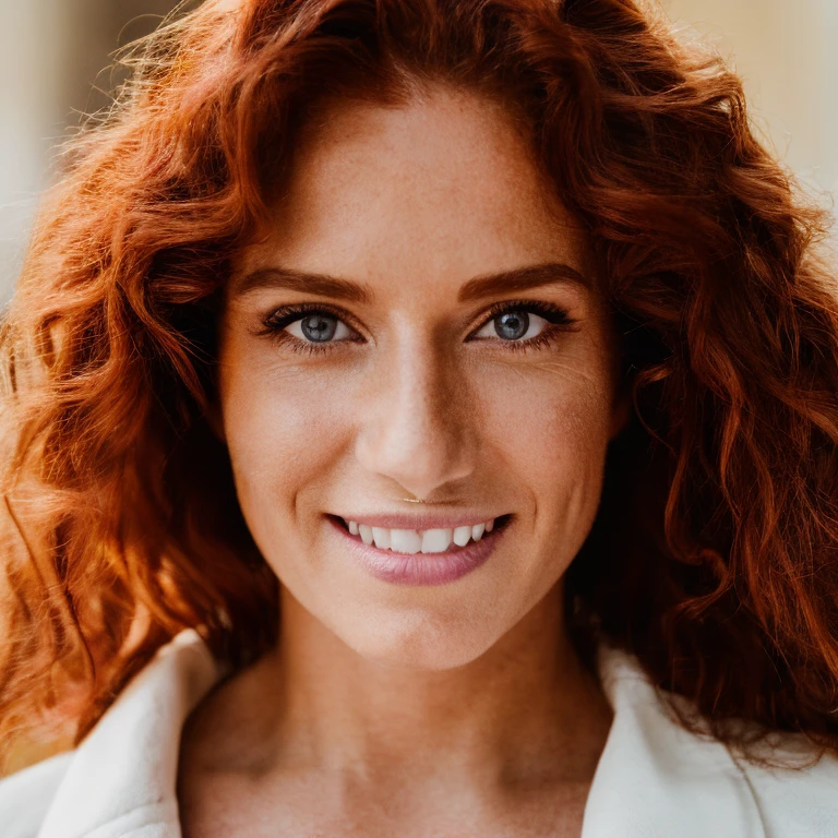 Photorealistic, ultra-detailed, Beautiful redhead woman, portrait photo, Solo, looking in the camera, wearing a pink veterinarian coat, named Mariana, realistic and very beautiful, clear eyes, slender chin, plump lips, long and curly hair, 35 years old, high resolution, Masterpiece, Best quality, Intricate high detail, Highly detailed, Sharp focus, Detailed skin, realistic skin texture, texture, detailed eyes, professional, 4k, charming smile, shot on Canon, 85mm, shallow depth of field, Kodak Vision Color, perfectly fitting body, extremely detailed, foto_\(ultra\), photorealistic, realistic, Post-processing, maximum details, roughness, real life, ultra realistic