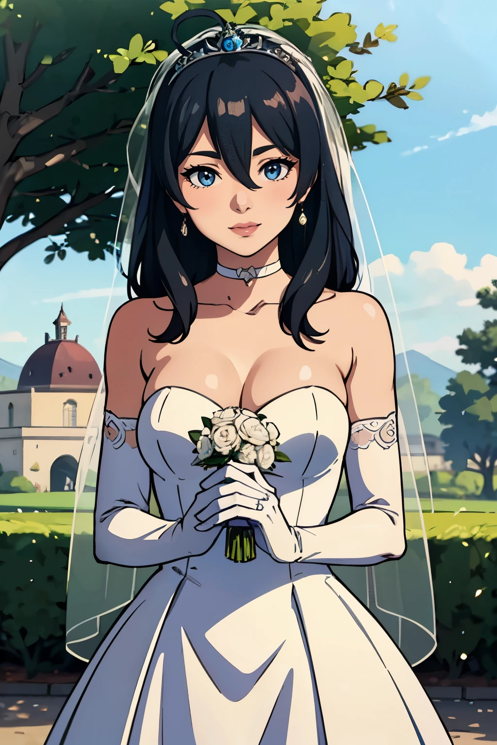 Ayra fe,  hair between eyes, ahoge, black hair, star \(symbol\), hair ornament, ruffled tulle dress, cleavage, bare shoulders, collarbone, long white elbow gloves, white gloves, white dress, white choker, strapless, tiara, veil, strapless dress, wedding dress, bridal veil, beautiful woman, perfect body, perfect breasts, wearing a wedding dress, ball gown, in the park trees, wedding decorations, a warm smile, realism, masterpiece, textured skin, super detail, high detail, high quality, best quality, 1080p, 16k