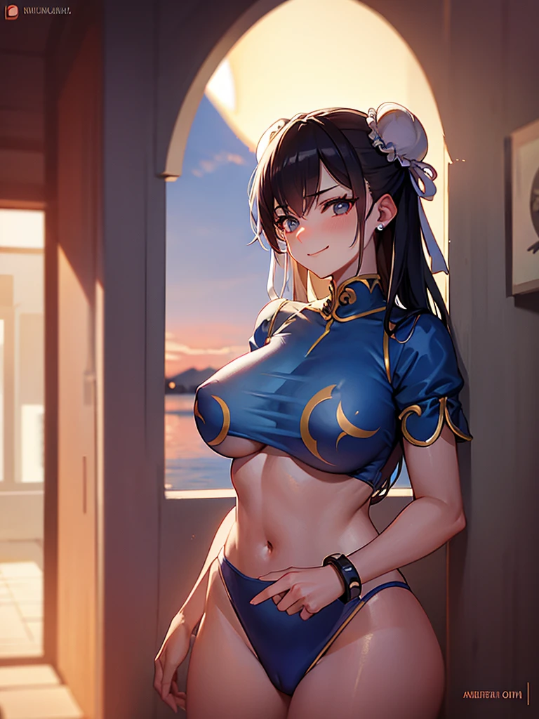 semi nua,roupa azul,solo, low lighting, chun li masterpiece, best quality, agrias, grey sweater, black leotard, standing, looking at viewer, black hair,angry,smile,sunset,lago, reflexo na agua, por do sol
