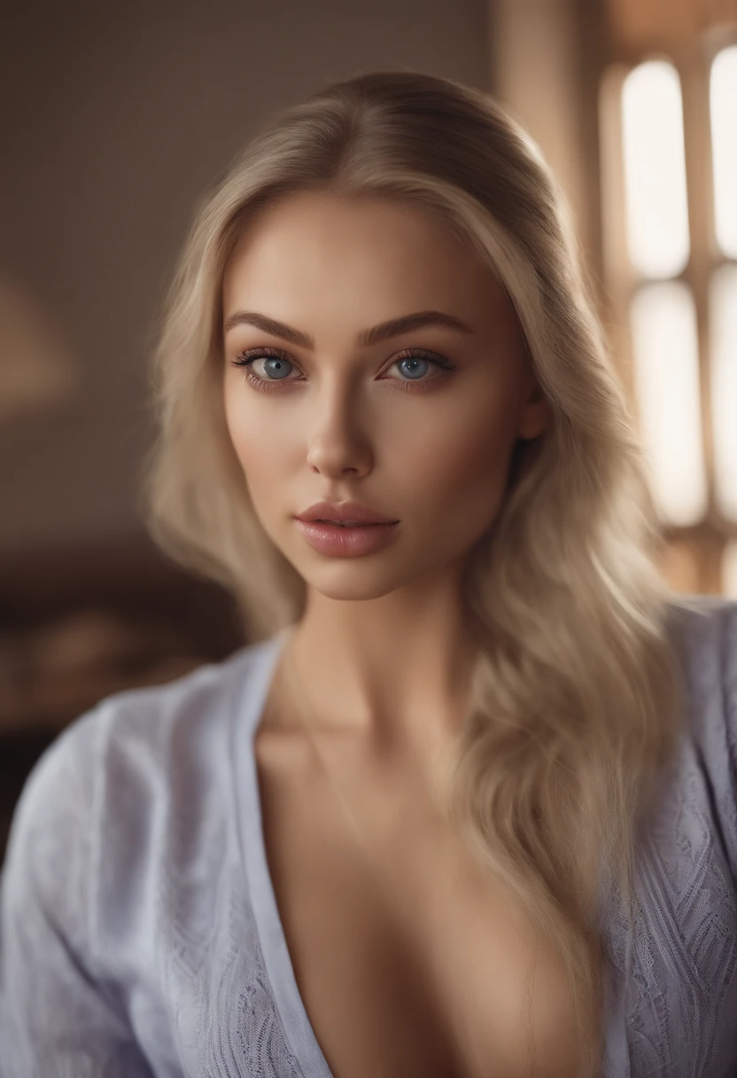 arafed woman fully , sexy girl with blue eyes, ultra realistic, meticulously detailed, portrait sophie mudd, blonde hair and large eyes, selfie of a young woman, bedroom eyes, violet myers, without makeup, natural makeup, looking directly at the camera, face with artgram, subtle makeup, stunning full body shot kneeling on bed, in club, large size bust. IN the blud
