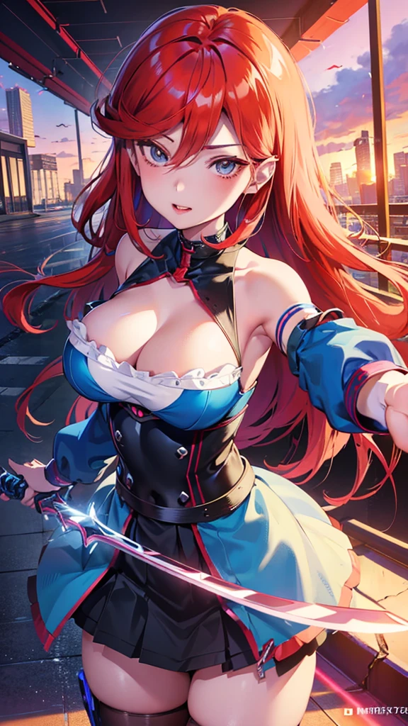 anime girl in a blue dress with red hair and a sword, seductive anime girl, biomechanical oppai, trending on artstation pixiv, marin kitagawa fanart, 8k octae render photo, pixiv 3dcg, 8k high quality detailed art, oppai cyberpunk, detailed digital anime art, beautiful alluring anime woman