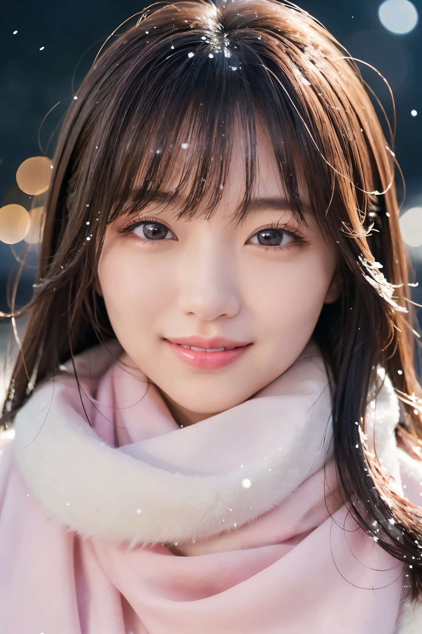 (highest quality、masterpiece、8K、best image quality、hyper realism、Award-winning work)、1 girl、(classy fur coat:1.1)、(perfect pink scarf:1.1)、Soft and delicate light、dramatic lighting、Romantic snowy night city、Romantic Christmas illuminations、Beautiful night view of a snowy city、the best smile looking at me、Fine sparkling snow、Beautiful snow reflecting light、Diamond dust、(Tyndall effect:1.1)、beautiful snow scene、(It's snowing:1.1)、(Snow in your hair:1.1)、accurate anatomy、(close up of face:1.1)、Beautiful glossy lipstick, natural color、natural makeup、glossy lips、Ultra high definition glossy skin、ultra high definition radiation, beautiful skin、Milky white moisturized skin、Beautiful glowing skin、超高精細のglossy lips、Super high-definition sparkling eyes、Beautiful perfect teeth in super high resolution、Show your beautiful teeth and smile big