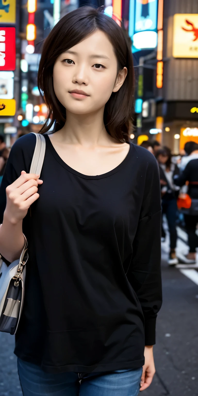 1 girl, Tokyo Street,night, city View,city lights, Upper body,close up, 8K, original photo, best quality, masterpiece,actual, photo-actual,