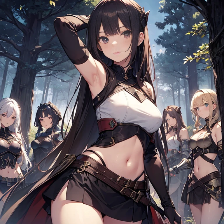 A group of young female knight, (in forest), various hair styles, harem, wearing armored clothes, metal armor, night, details face, , short skirt, seducing, sword, sleeveless , showing armpits, midriff
