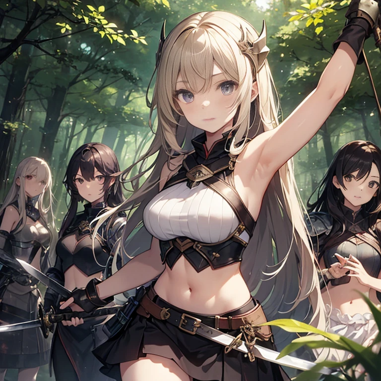 A group of young female knight, (in forest), various hair styles, harem, wearing armored clothes, metal armor, night, details face, , short skirt, seducing, sword, sleeveless , showing armpits, midriff