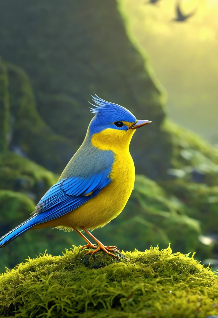 small, circle, A delicate bird, yellow in colour, with blue wings, He stands on a mossy stone, With the determined look of a Celtic hero, Under the misty sunrise., clarification, 3D, Cartoon,
High accuracy, High quality, Hinge, Masterpiece, Human development report, sharp,
[Looney Tunes style],[ Mid-flight style], 
BREAK
a result_9, a result_8_higher, a result_7_higher, a result_6_higher , surprising, Beautiful, Fascinating, amazing, with each, amazing,