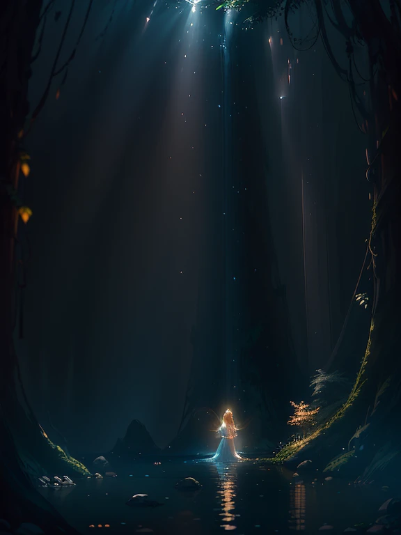 In the heart of the deep woods, where the sunlight barely filtered through the dense foliage, a serene lake shimmered under the enchanting glow of the moonlight. Towering trees surrounded the tranquil oasis, forming a natural sanctuary that seemed to belong to a mystical and magical world. From a hidden waterfall cascading down the rocks, crystal-clear water flowed into the lake, creating a soothing symphony of gentle whispers. Amidst this ethereal landscape, a blonde beauty stood, her radiant presence illuminated by the moon's soft rays. Adorned with angel's wings, she exuded an air of enchantment and mystery. Her presence seemed to awaken the very essence of this extraordinary realm, as if she held the key to unlocking its secrets. The