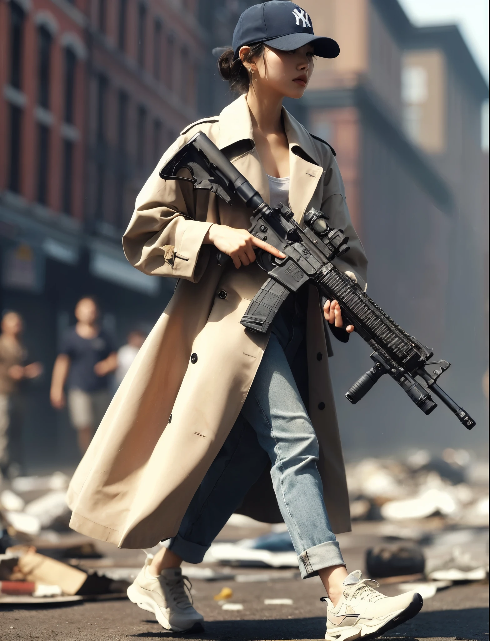 "(best quality,8K,realistic photo,realistic skin texture),beautiful Japanese woman living in America,holding a Remington V3 Tac-13,dirty beige trench coat,Yankees navy baseball cap,dirty high-cut Nike sneakers,debris-strewn town,sunny day,detailed face with expressive eyes,cool action pose,stylish composition"